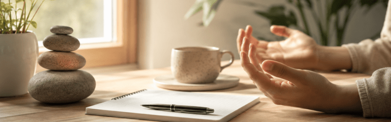 Psicóloga especializada en equilibrio emocional realizando una sesión de acompañamiento y bienestar desde un enfoque holístico en un entorno tranquilo y profesional.